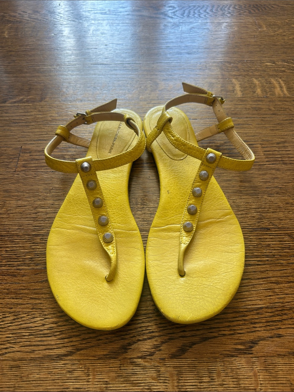 Balenciaga Yellow T-Strap Studded Leather Sandals 39